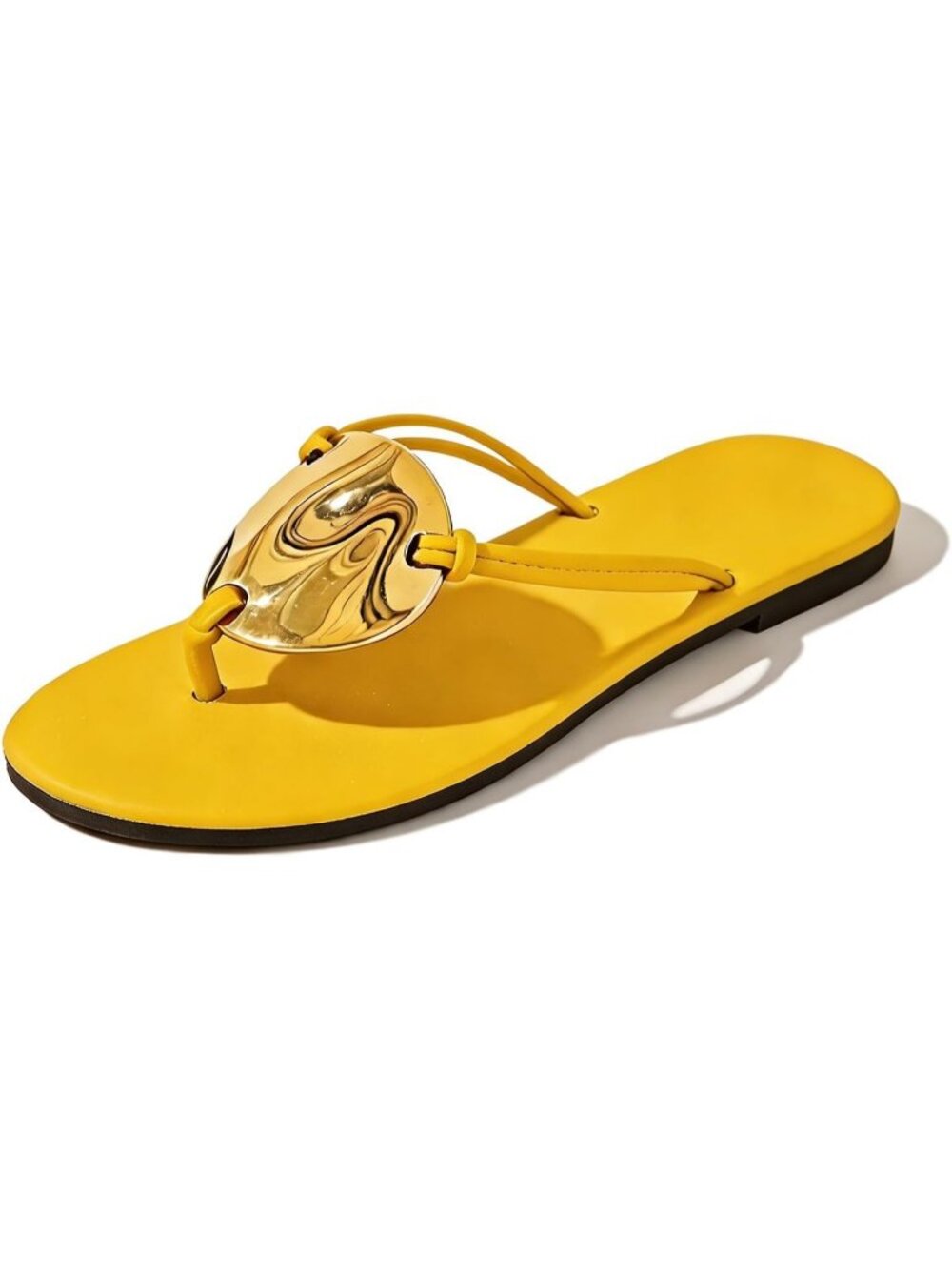 Women's Yellow Metal Flip Flops Thong Flats Slip on Soft Cushion Dressy Shoes